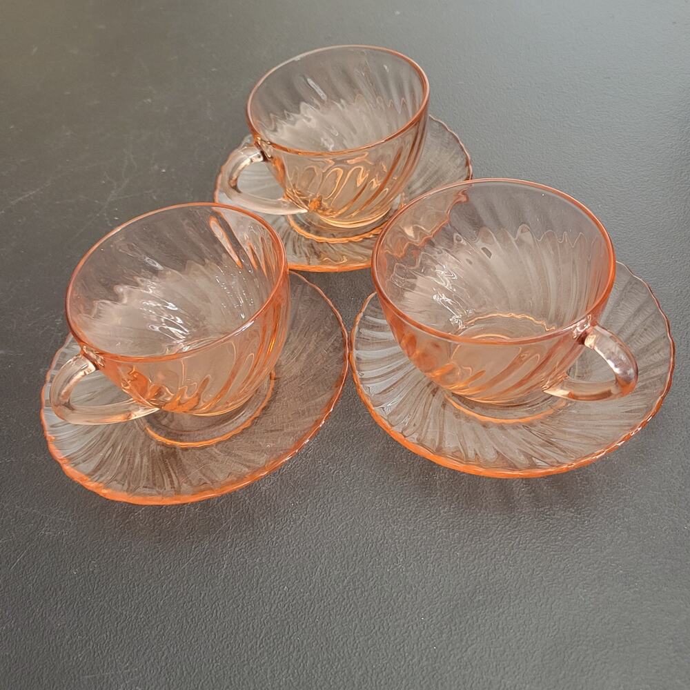 Arcoroc Cup &‎ Saucer Set Unisex OS Pink Swirl Rosaline Vintage France Tea 6pc